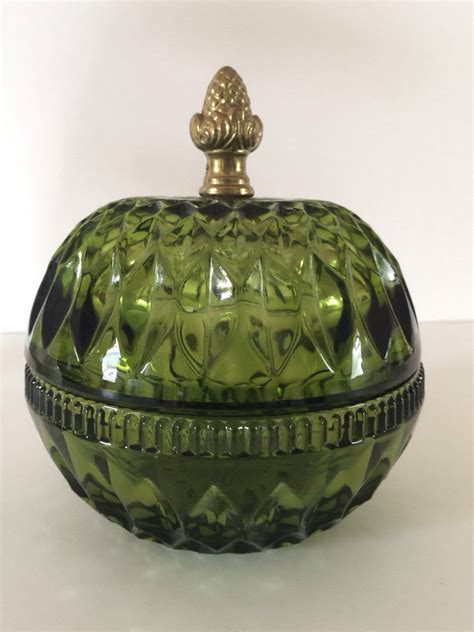 indiana glass green trinket box metal acorn top|Indiana Glass Candy Dish .